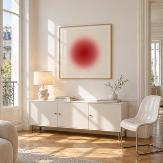 Red Circle Wall Art, framed on the wall of a bright Paris style apartment in a living room