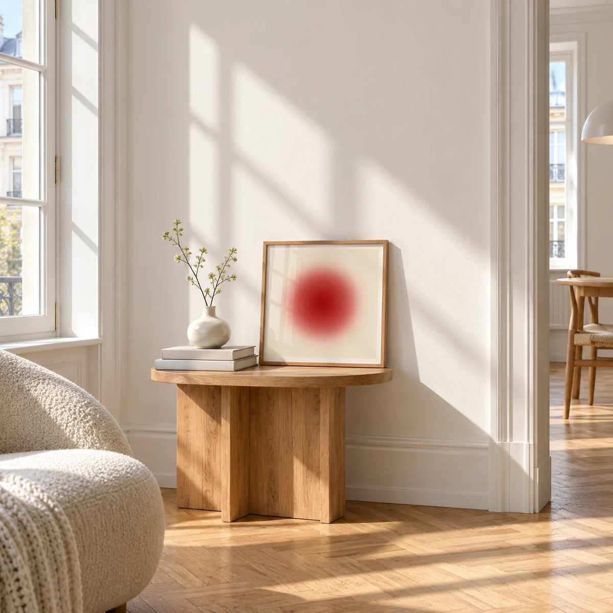 Red Circle Wall Art, a small square framed print leaning on a small solid oak side table