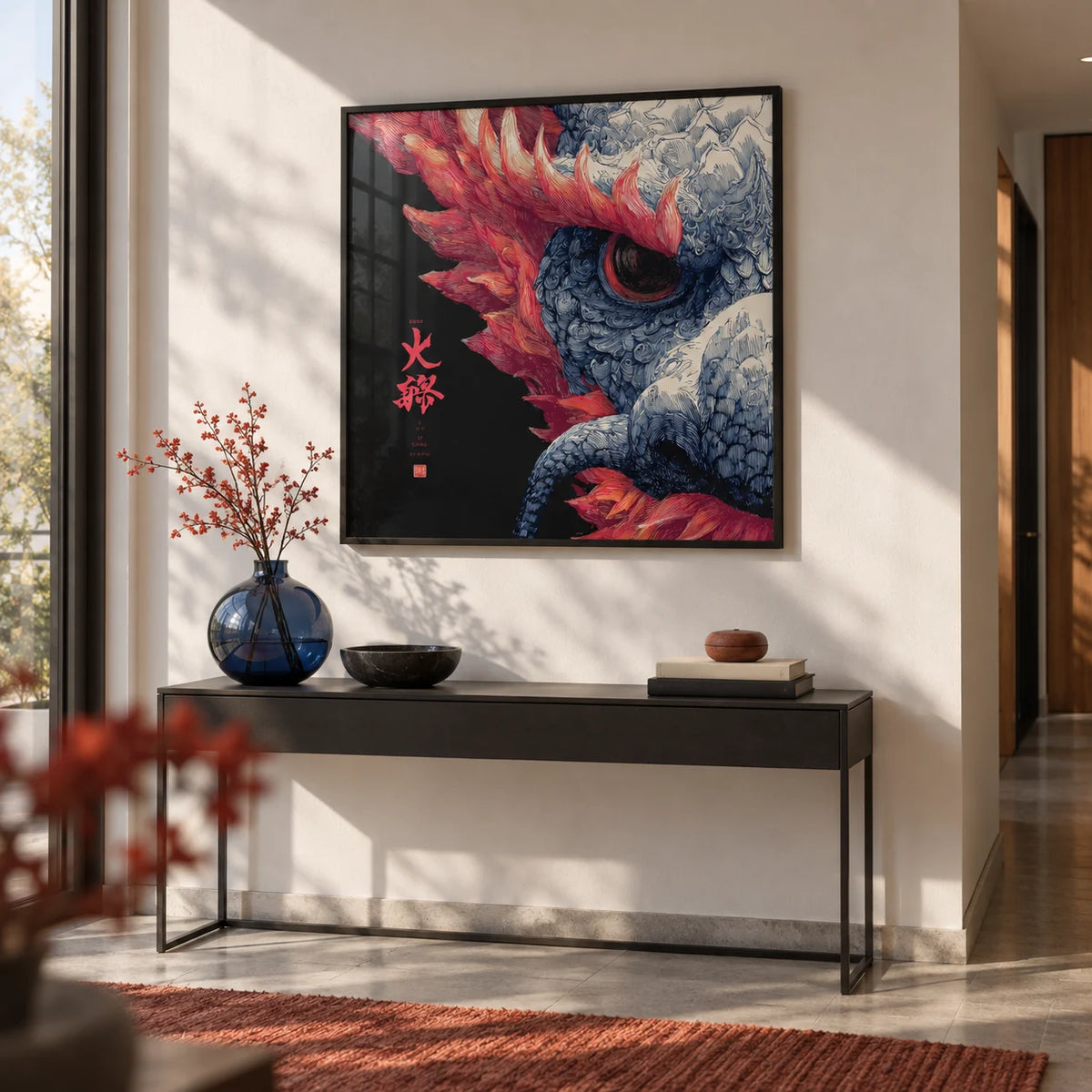 Red Dragon Art, framed on the wall of a modern hallway with a white wall