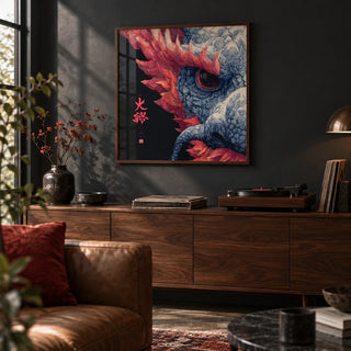 Red Dragon Art, framed on the wall of a moody den with a dark wall in a living room