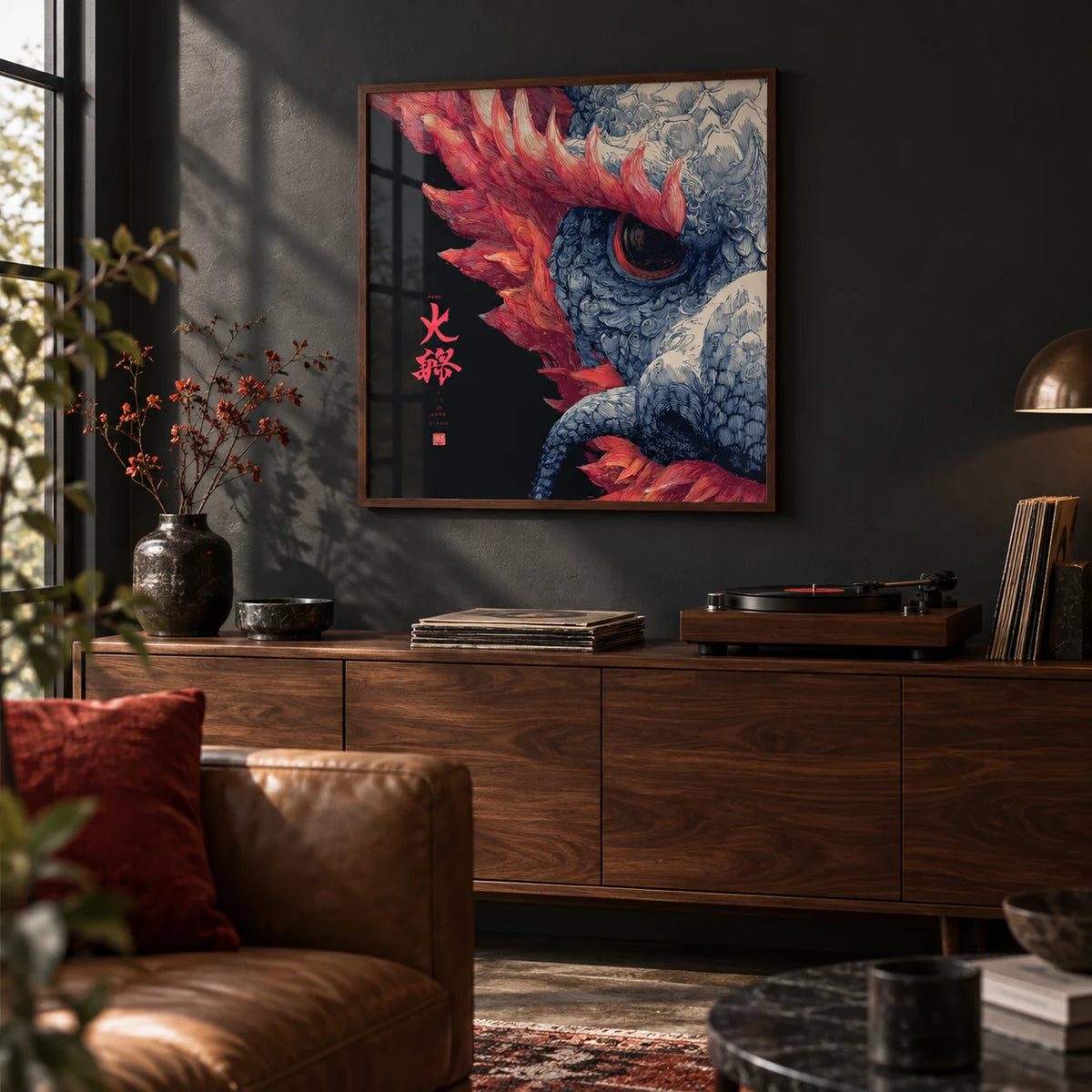 Red Dragon Art, framed on the wall of a moody den with a dark wall in a living room