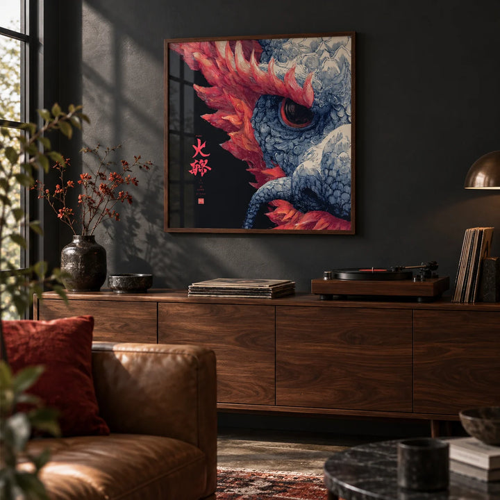 Red Dragon Art, framed on the wall of a moody den with a dark wall in a living room