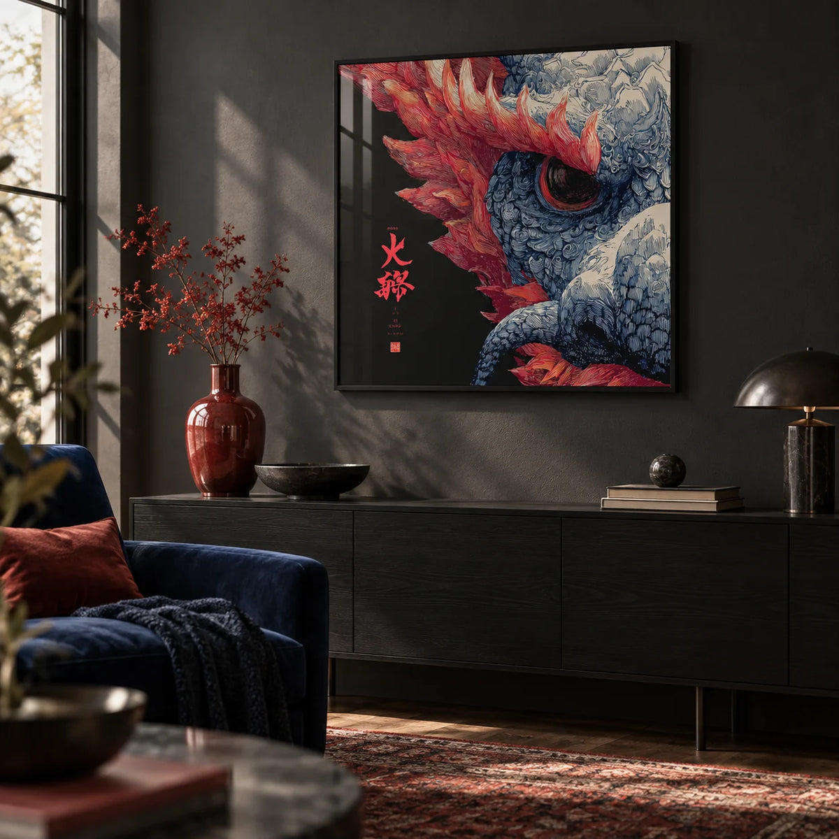 Red Dragon Art, framed on the wall of a moody modern living room with a charcoal wall