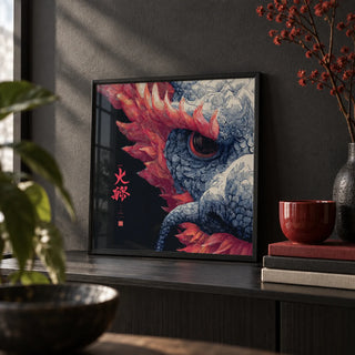 Red Dragon Art, a small A4 framed print leaning on a black shelf in a living room
