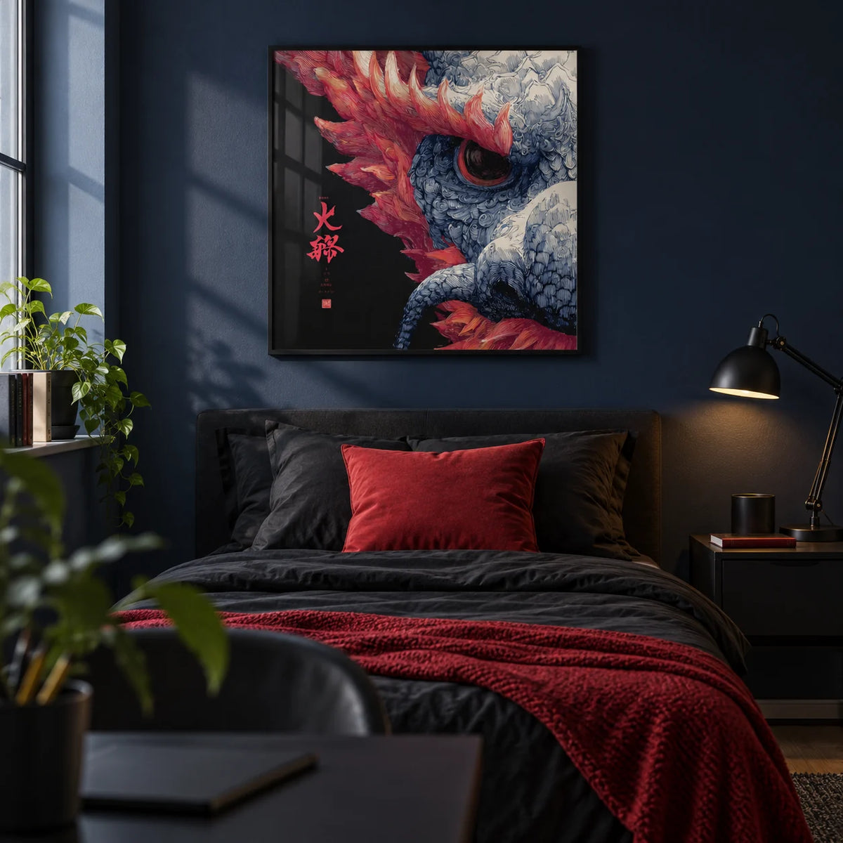 Red Dragon Art, framed on the wall of a stylish single bedroom for a teenage boy (14-17) with a plain navy painted wall