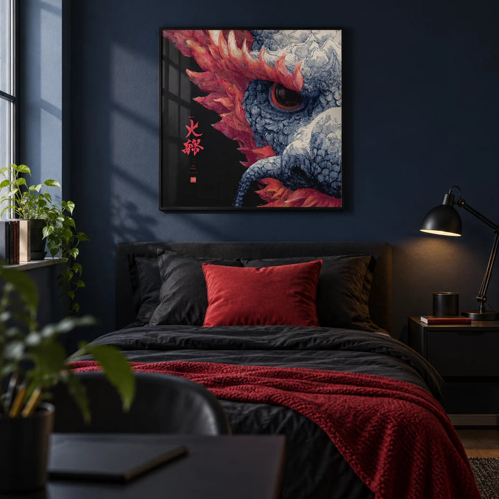Red Dragon Art, framed on the wall of a stylish single bedroom for a teenage boy (14-17) with a plain navy painted wall