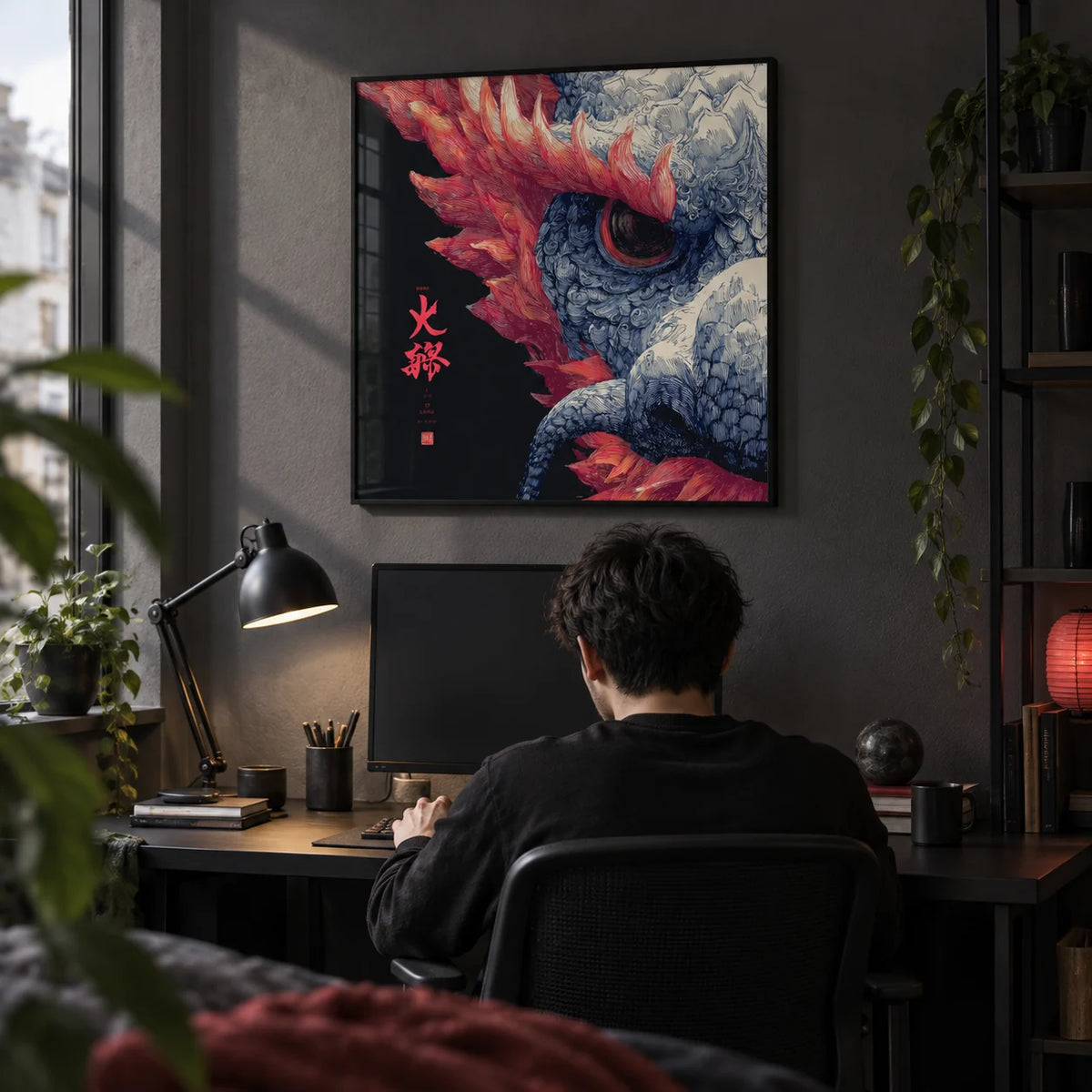 Red Dragon Art, framed on the wall of a young adult's desk corner (18-30) with a dark grey wall