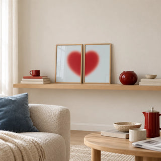 Red heart print set of 2 as two small A4 prints on an oak shelf