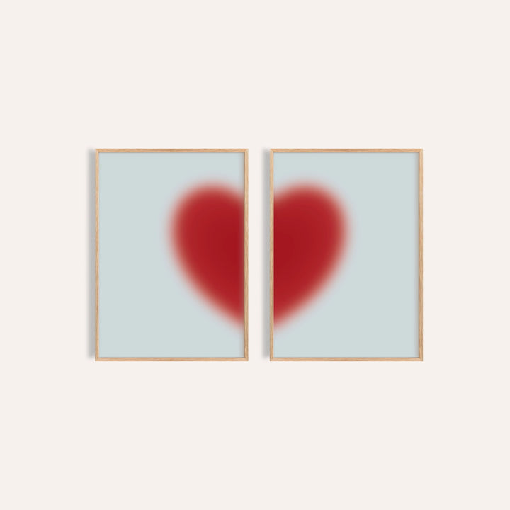 Red heart print set of 2 with a soft cherry red heart split across two icy blue prints