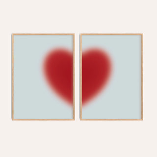 Red heart print set of 2 with a soft cherry red heart split across two icy blue prints