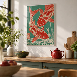 Red Koi Art, framed on the wall of a calm modern kitchen