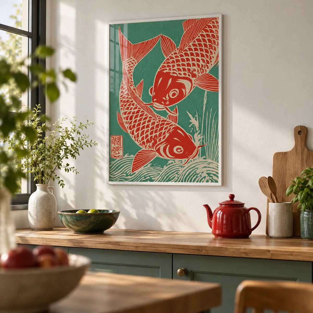 Red Koi Art, framed on the wall of a calm modern kitchen