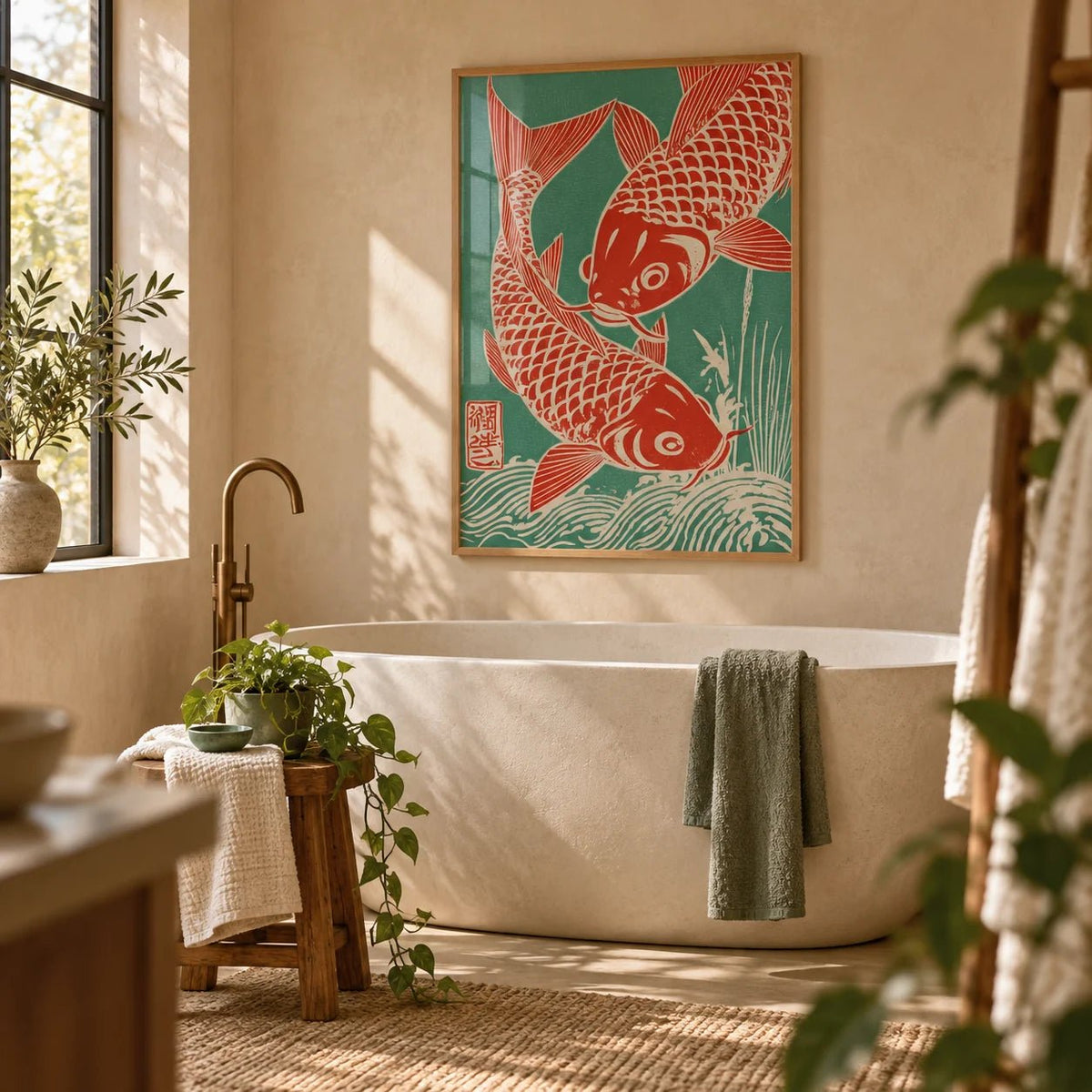 Red Koi Art, framed on the wall of a calm spa bathroom with warm plaster walls