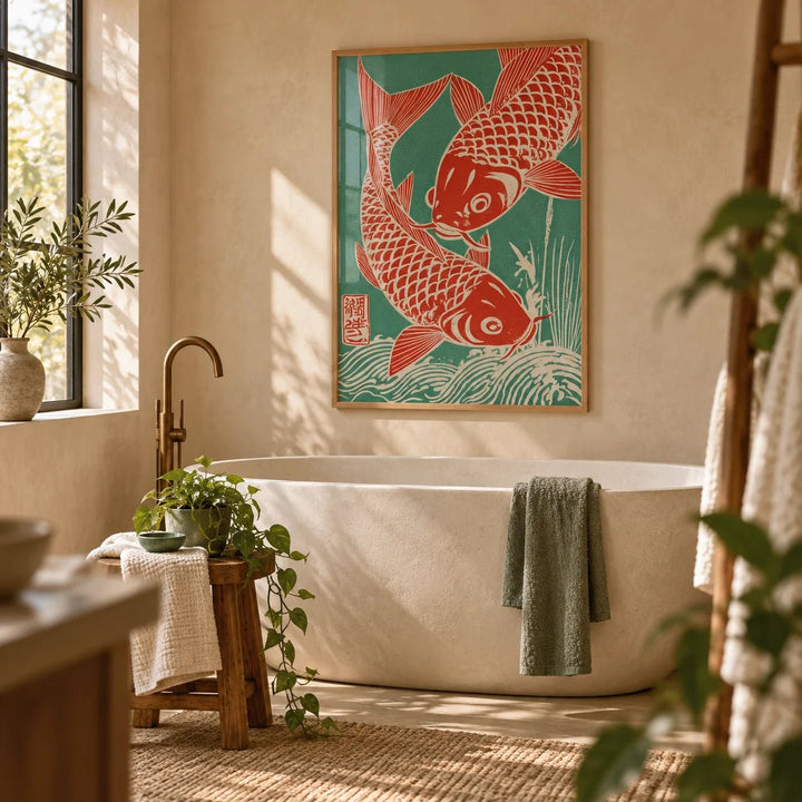 Red Koi Art, framed on the wall of a calm spa bathroom with warm plaster walls