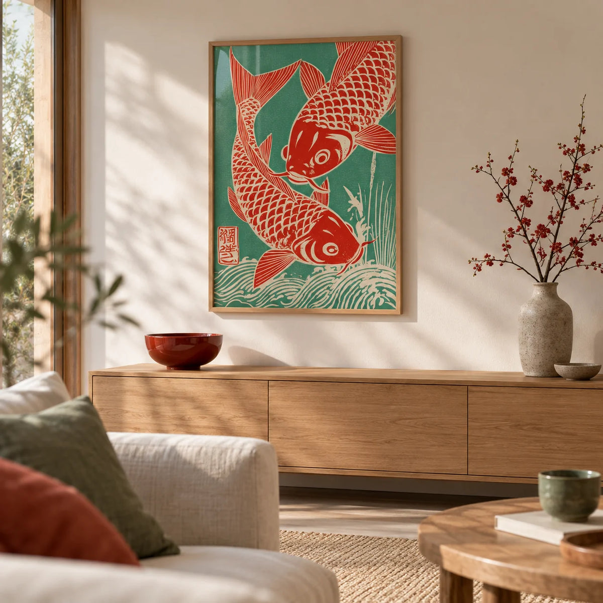 Red Koi Art, framed on the wall of a Japandi living room