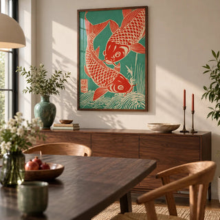 Red Koi Art, framed on the wall of a modern dining room