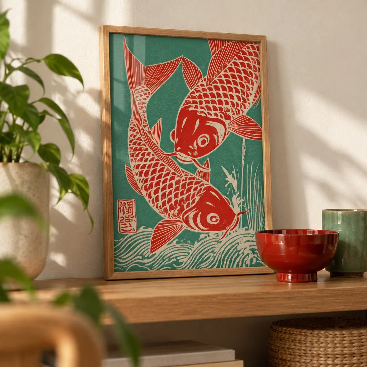 Red Koi Art, a small A4 framed print leaning on an oak shelf in a living room