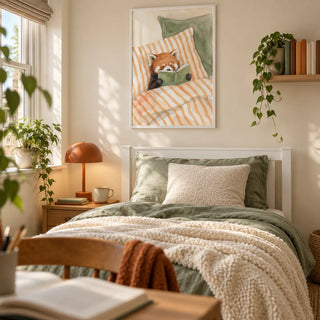 Red Panda Reading Art Print, framed on the wall of a calm single bedroom for a book-loving older teenager aged 16-19 in a UK family home