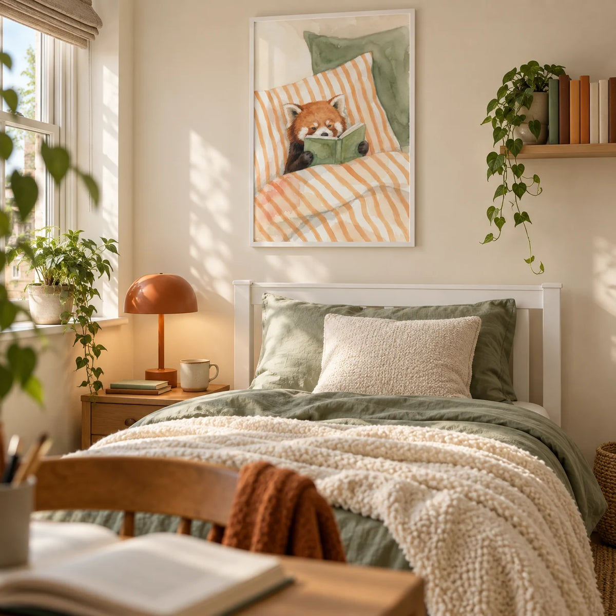 Red Panda Reading Art Print, framed on the wall of a calm single bedroom for a book-loving older teenager aged 16-19 in a UK family home