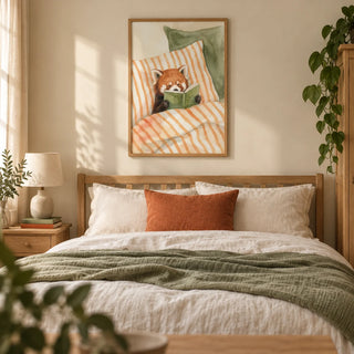 Red Panda Reading Art Print, framed on the wall of a cosy bedroom in a UK terraced home with warm cream walls and pale oak furniture