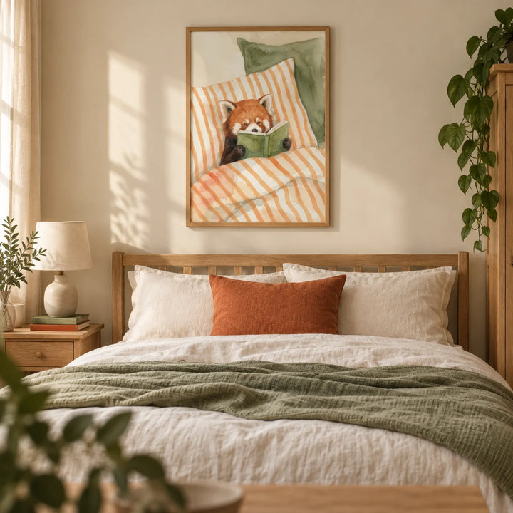 Red Panda Reading Art Print, framed on the wall of a cosy bedroom in a UK terraced home with warm cream walls and pale oak furniture