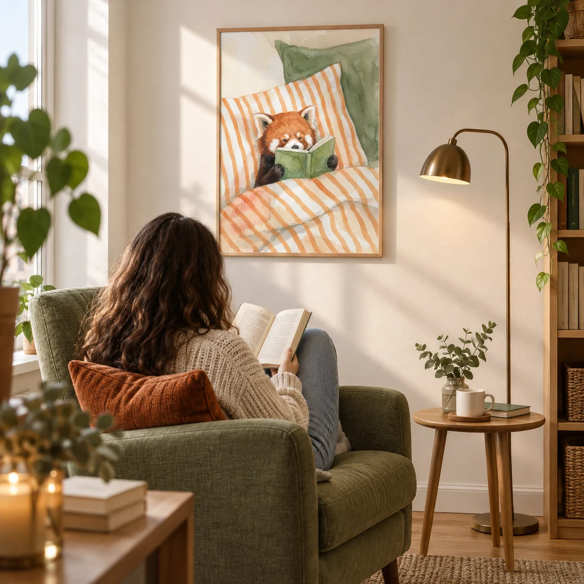 Red Panda Reading Art Print, framed on the wall of a quiet reading corner in a first flat for a book lover aged 22-28 in a living room