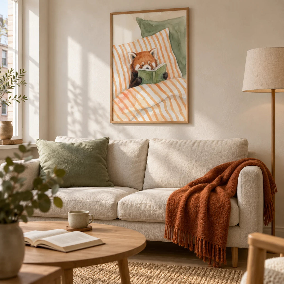 Red Panda Reading Art Print, framed on the wall of a relaxed Scandi living room in a UK maisonette with a cream plaster wall and pale oak floor