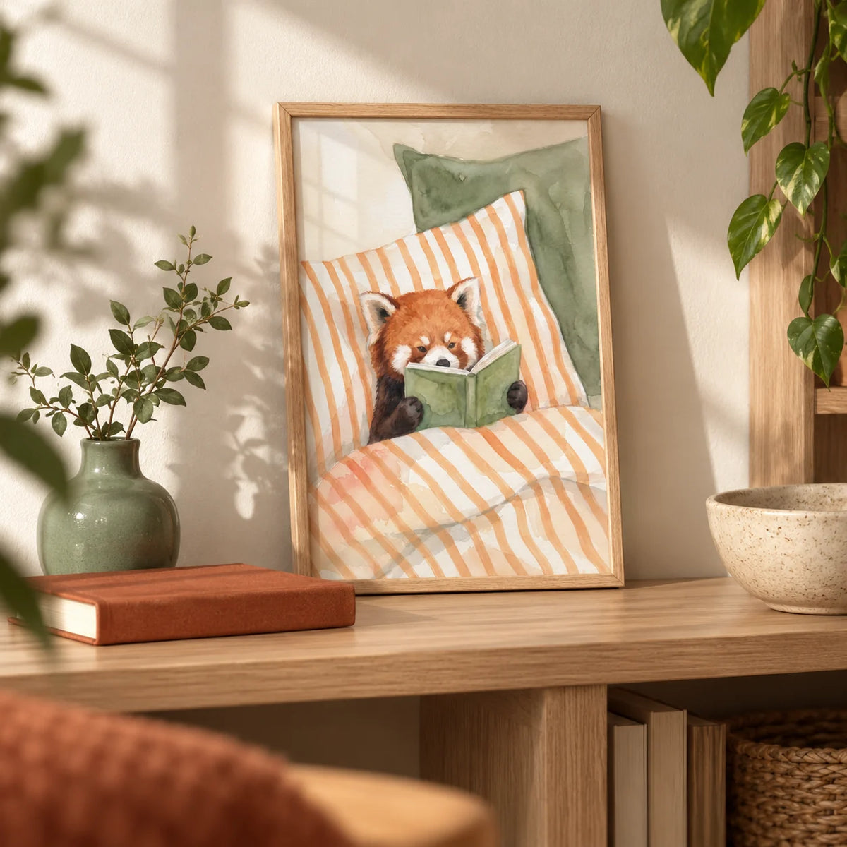 Red Panda Reading Art Print, a small A4 framed print leaning on a pale oak bookshelf in a living room