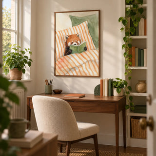 Red Panda Reading Art Print, framed on the wall of a small home study in a UK flat with warm white walls and a built-in bookcase