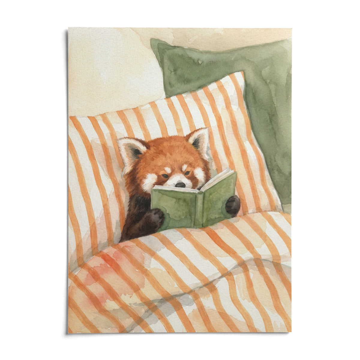Red Panda Reading Art Print, shown as an unframed paper print on a plain white background