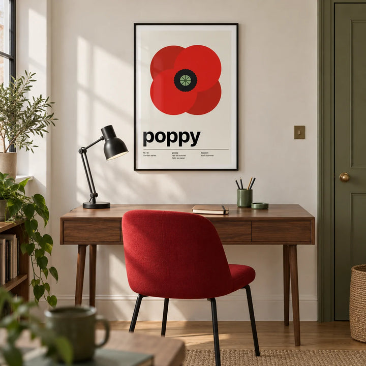 Red Poppy Print, framed on the wall of a modern home office in a UK city flat with an off-white wall and oak floor