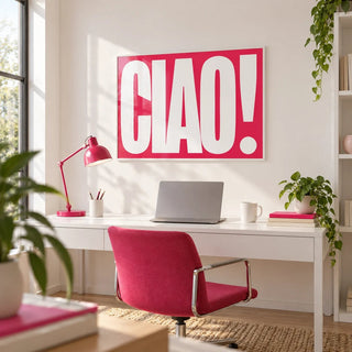 Red Text Print, framed on the wall of a bright home office with a white wall