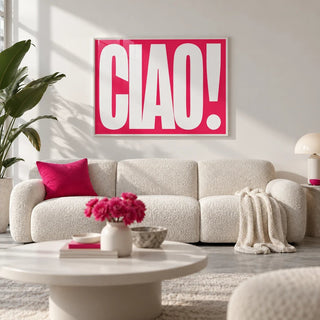 Red Text Print, framed on the wall of a design-led city flat living room with a white wall and a pale grey floor