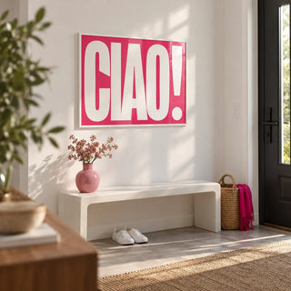 Red Text Print, framed on the wall of a modern entrance hall by the front door with a white wall