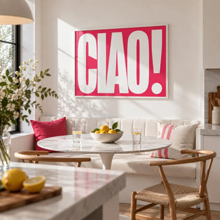 Red Text Print, framed on the wall of a modern kitchen-diner with white walls