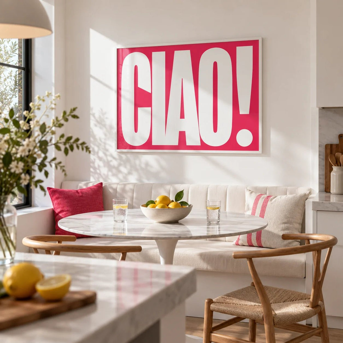 Red Text Print, framed on the wall of a modern kitchen-diner with white walls