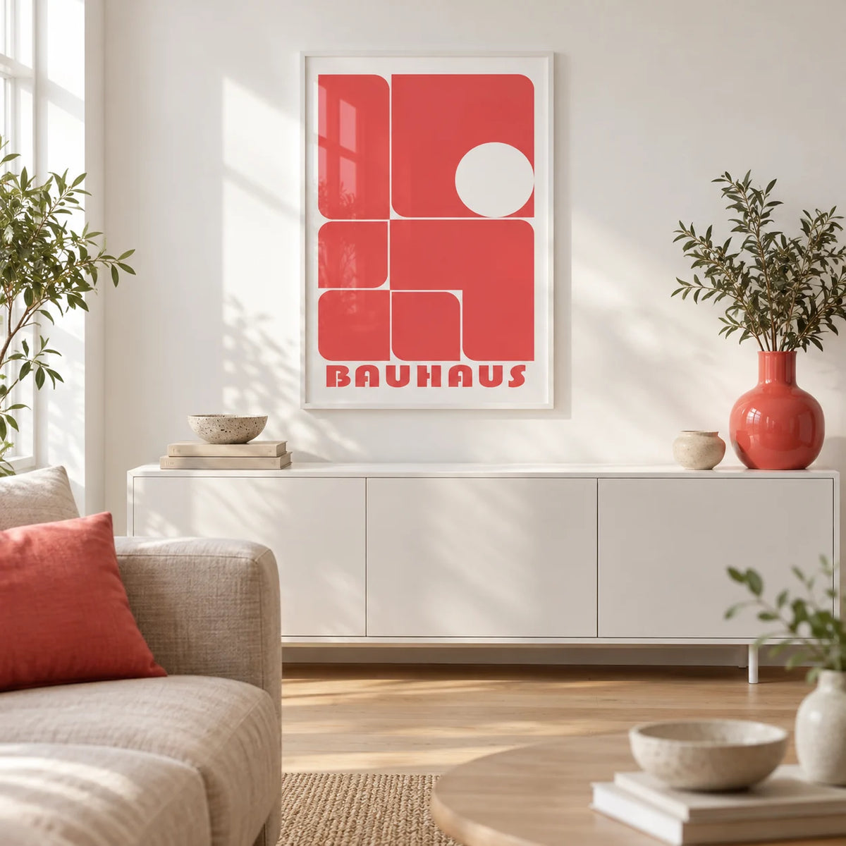 Red Wall Art Decor, framed on the wall of a bright city flat living room with a white wall and a pale oak floor