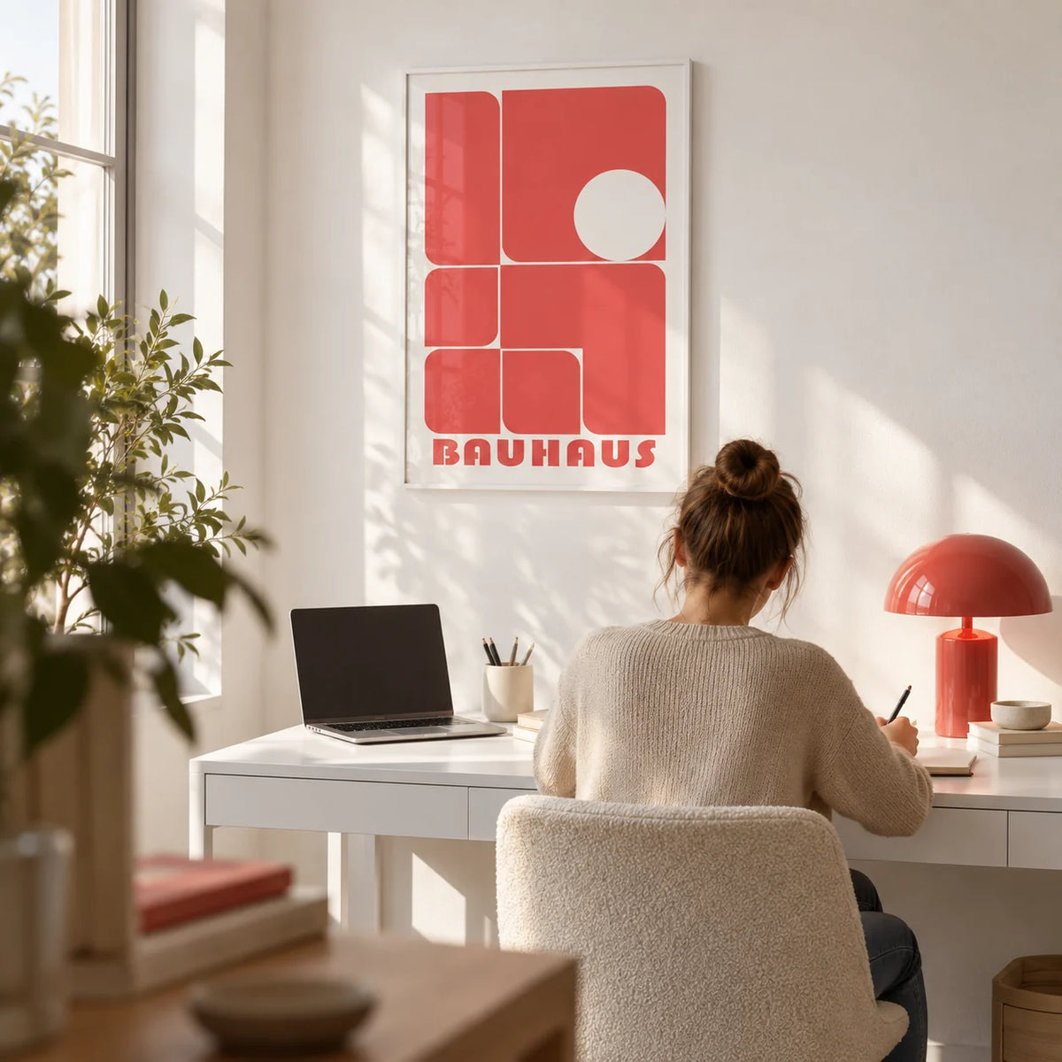 Red Wall Art Decor, framed on the wall of a bright home office with a white wall