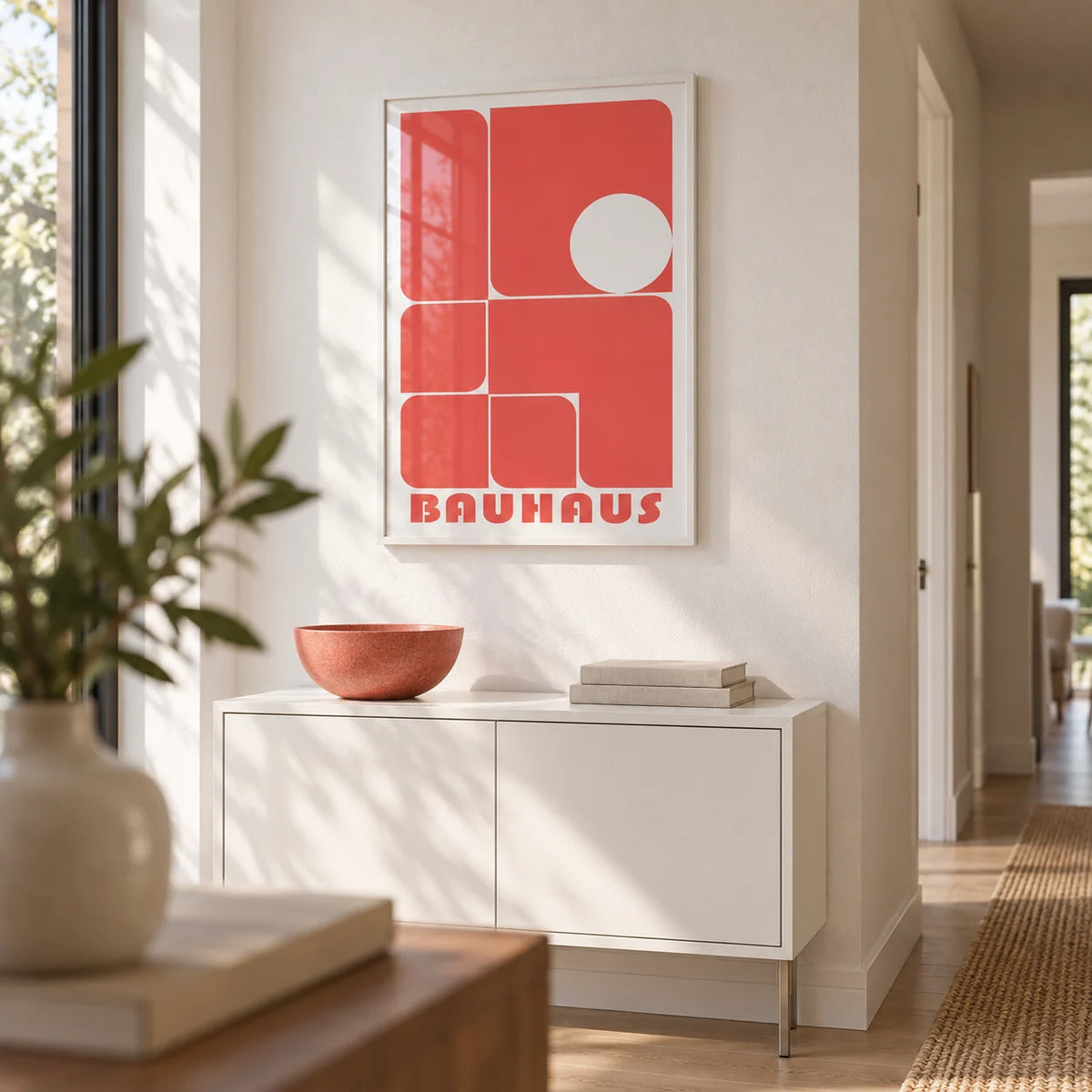Red Wall Art Decor, framed on the wall of a modern hallway with a white wall