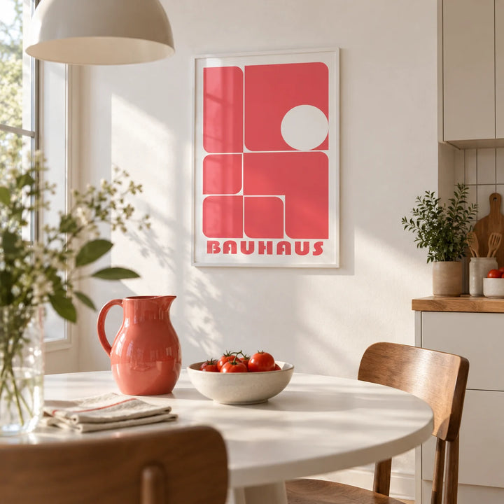 Red Wall Art Decor, framed on the wall of a modern kitchen-diner with a white wall