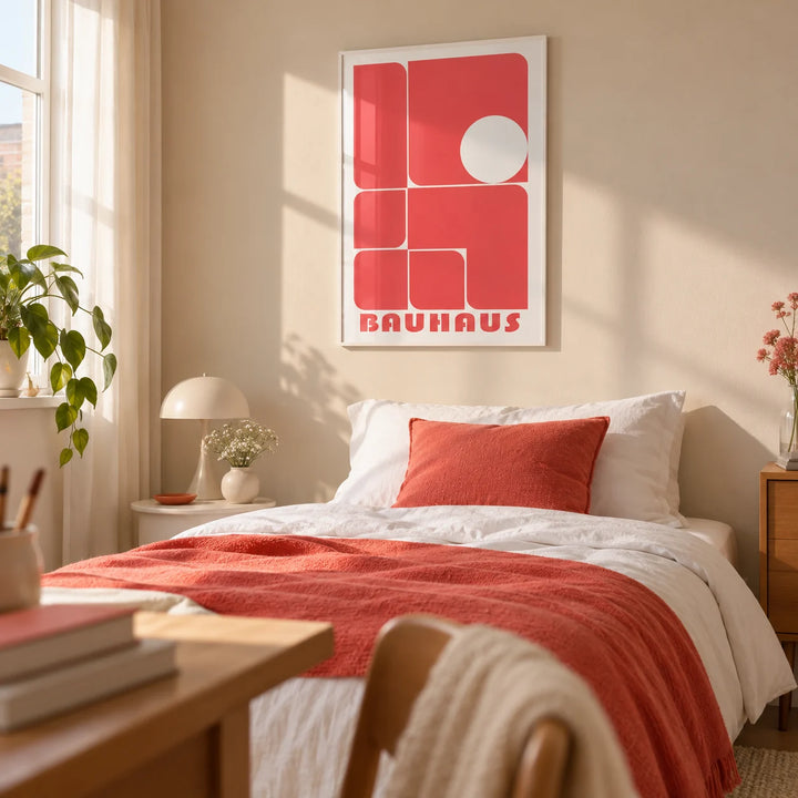 Red Wall Art Decor, framed on the wall of a young lady's bedroom (18-25) with a soft beige wall