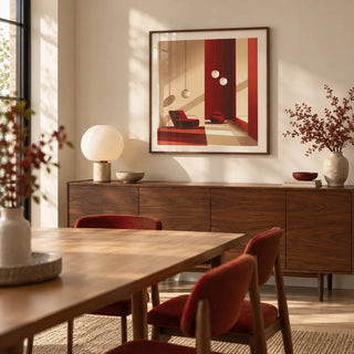 Red Wall Art, framed on the wall of a modern dining room