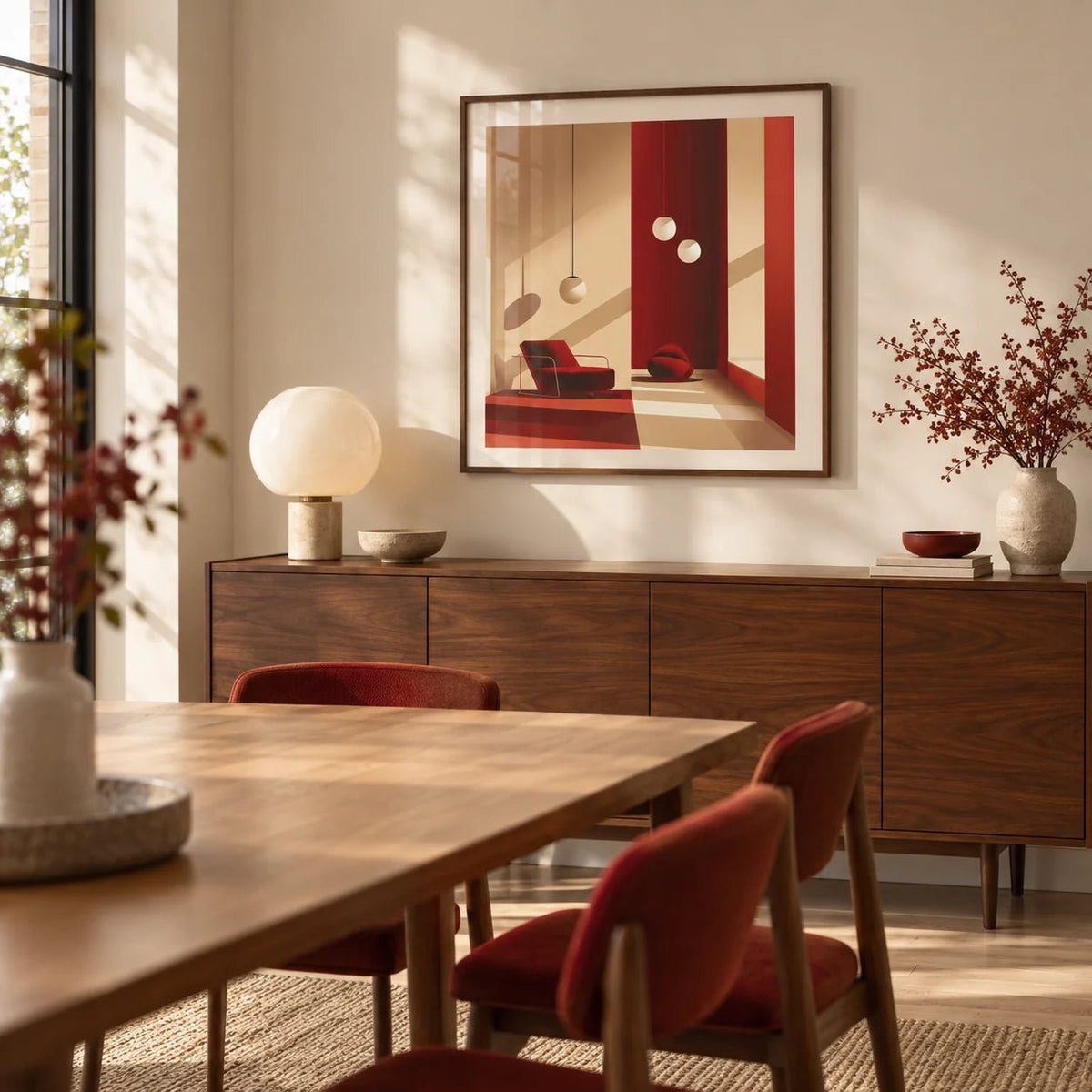 Red Wall Art, framed on the wall of a modern dining room