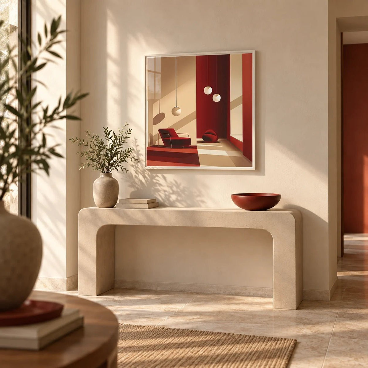 Red Wall Art, framed on the wall of a modern hallway