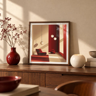 Red Wall Art, a small A4 framed print leaning on a walnut sideboard in a living room