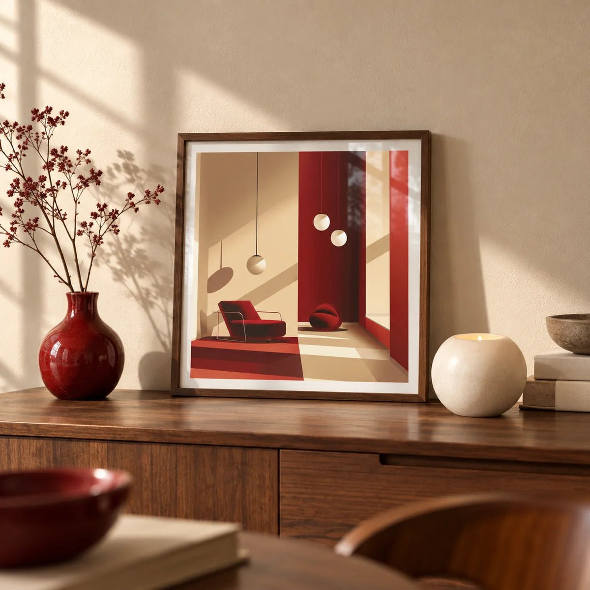 Red Wall Art, a small A4 framed print leaning on a walnut sideboard in a living room