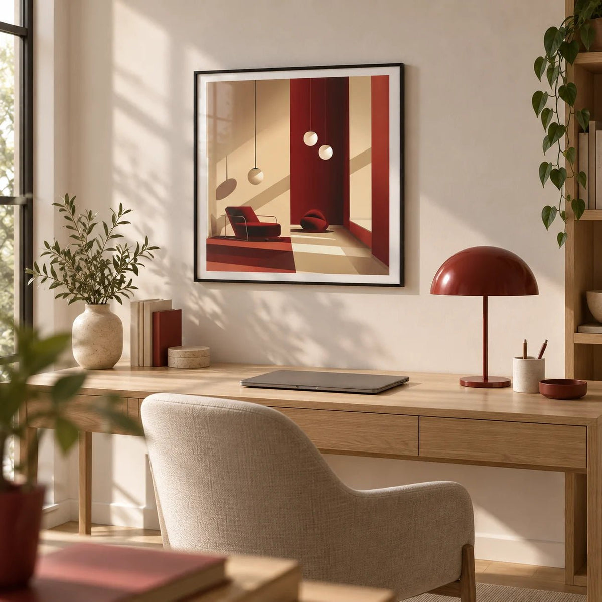 Red Wall Art, framed on the wall of a stylish home office
