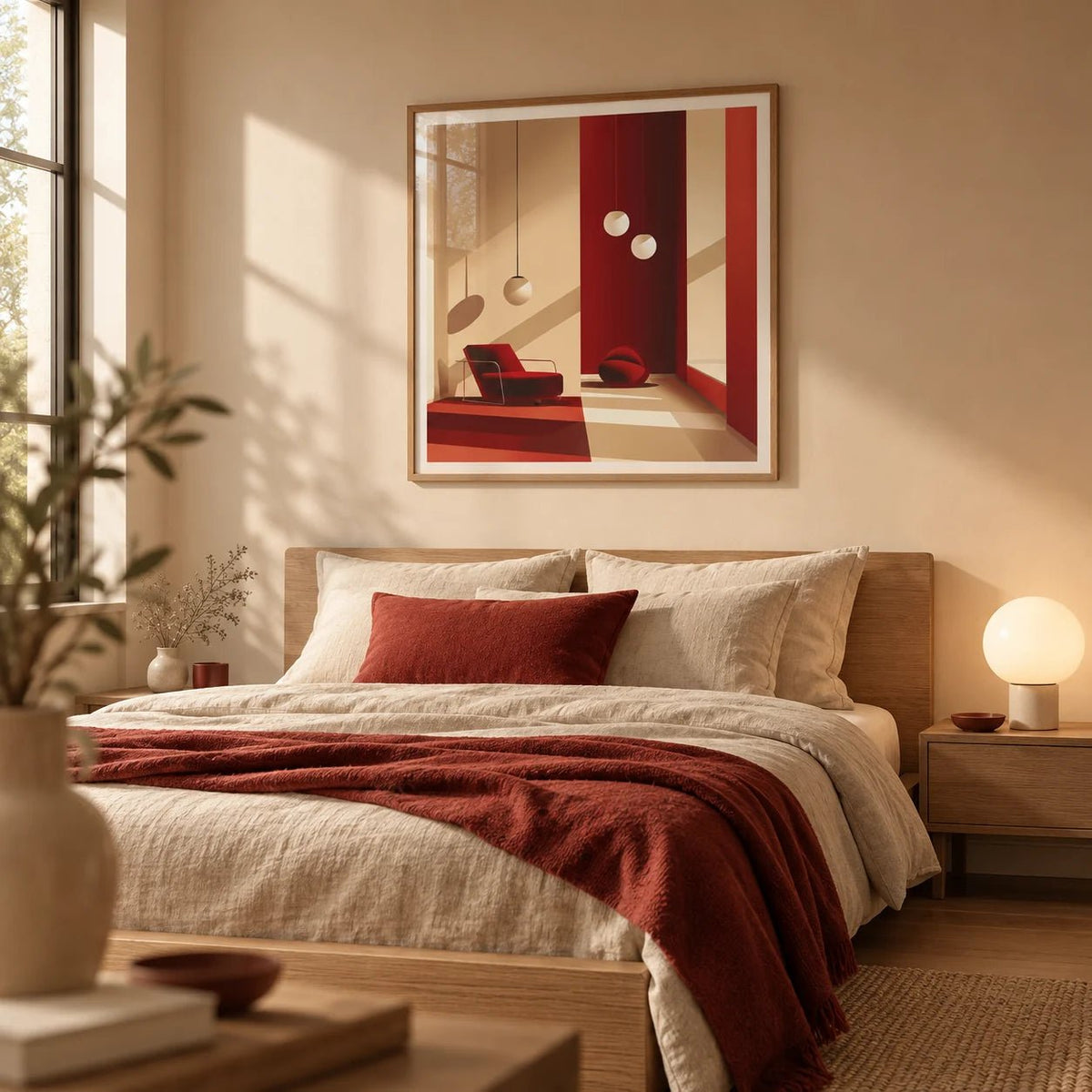 Red Wall Art, framed on the wall of a warm modern bedroom