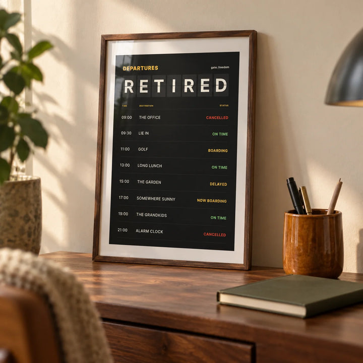 Retired Poster, a small A4 framed print leaning on a walnut writing desk