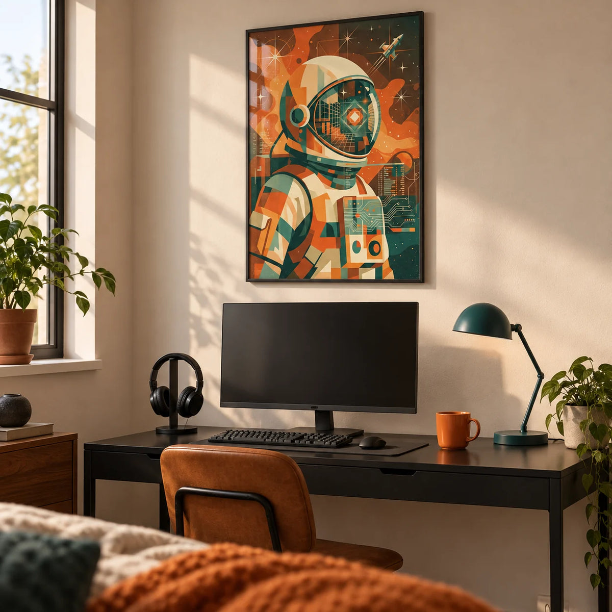 Retro Astronaut Poster, framed on the wall of a bedroom desk setup with a warm white wall